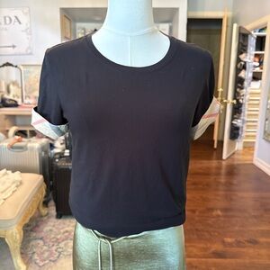 Burberry Black Short Sleeve Crewneck Crop Top with Check Cuff